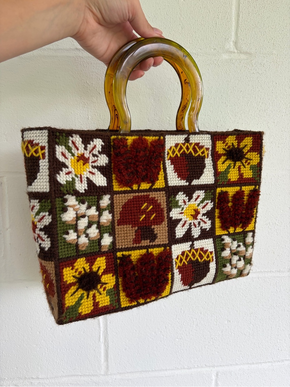 Handmade Floral Patchwork Tote Bag with Amber Resin Handles